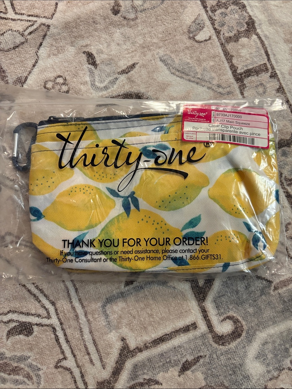 thirty one Lemon Print Clear Clip Pouch in Yellow and Blue Green NWT